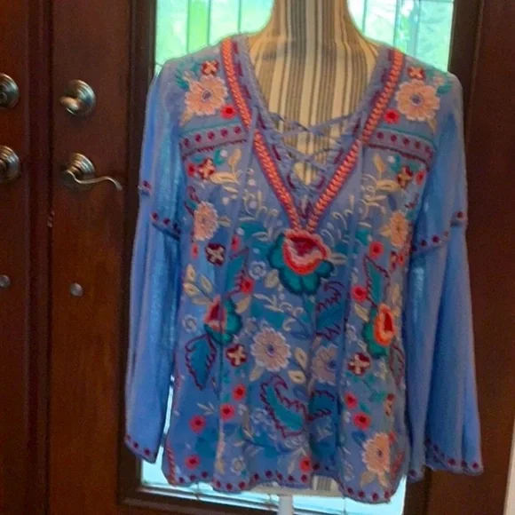 Johnny Was Oman Laceup Swing Blouse Embroidered Blue v neck small Top - Picture 11 of 12